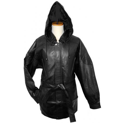 Bagazio Black Lambskin Leather 3/4 Length Coat With Detachable Hood BM630